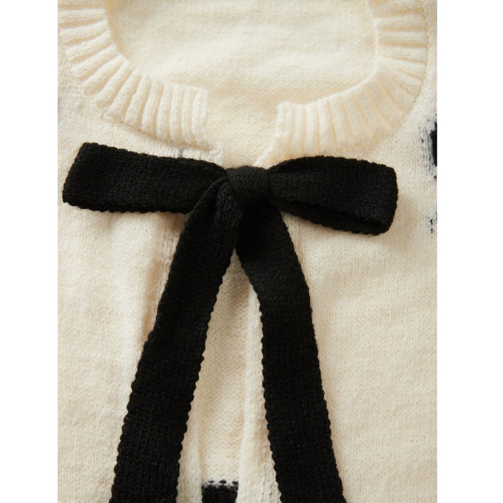 Off White Cardigan With Black Front Ties and Bow Print Pattern Oversized - Picture 5 of 10